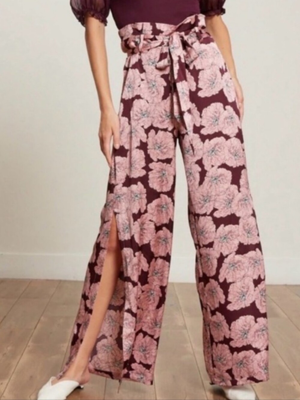 Lucy Paris Dark Floral Wide Leg Pants | Size M | Burgundy Pink Peony